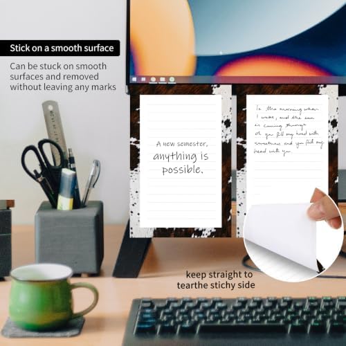 2 Pack Lined Sticky Notes 4x6 in, Cute Self-Stick Notepads with Lines, Large Memo Pads Strong Adhesive for Office, Home Brown White Cowhide