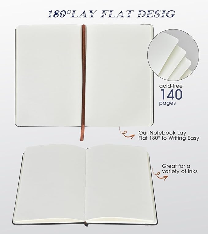 Biuwory Blank Journal Notebook for Women Men, Hardcover Leather Sketchbook 5.7"×8.3", 140 Pages Unlined Sketch book for Drawing, Writing, Travel, School & Work, Journaling Notebooks (Black)