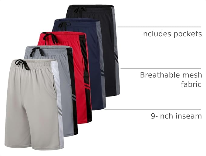 Real Essentials 5 Pack: Boys' Mesh Basketball Athletic Shorts with Pockets – Teen Kids Youth Quick Dry Soccer Running Gym
