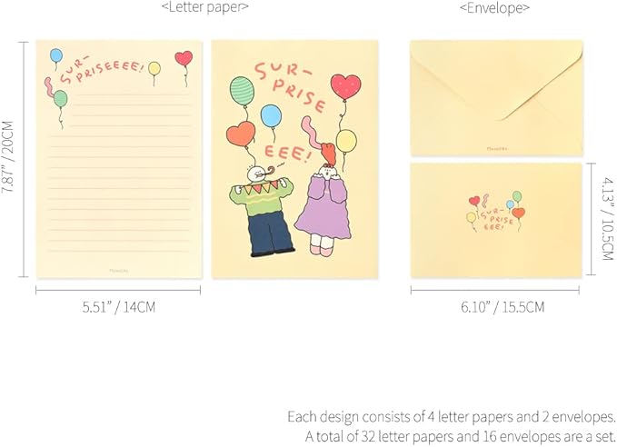 Monolike Olly Molly Birthday Letter Paper and Envelopes Set - 8Type, 32 Letter Paper + 16 Envelopes