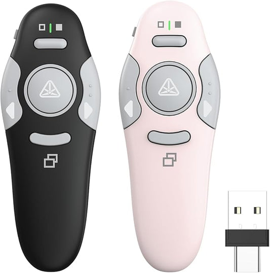 QUI 2 Pack Presentation Clicker, Wireless Presenter Remote Clicker for PowerPoint, Slide Advancer for Mac, Windows, Google Slide, Keynote (USB Type-c, Black Pink)