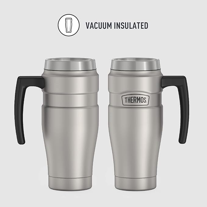 THERMOS Stainless King Vacuum-Insulated Travel Mug with Handle-16oz,Matte Steel-Thermos Tumbler for Hot&Cold Drinks-Leak-Proof&Sweat-Proof Stainless Steel Coffee Mug with Lid for Commuting,(Pack of 4)