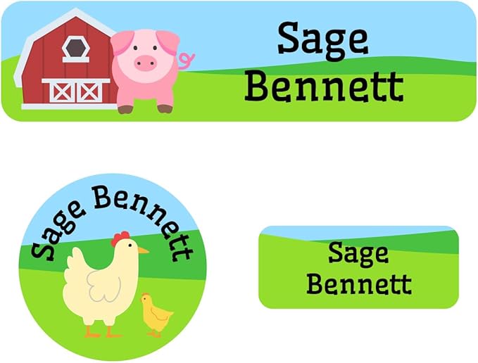 Name Bubbles - Kids Custom Name Labels for Daycare, School, Camp (102 Labels) - Personalized Waterproof Name Stickers for Clothes Tags, Lunch Boxes, Water Bottles, & School Supplies (Farm Animals)