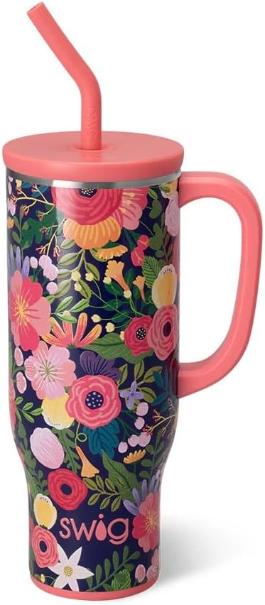 Swig Life 30oz Mega Mug, 30oz Tumbler with Handle and Straw, Large Insulated Tumblers, Cup Holder Friendly Travel Mug, Stainless Steel 30 oz Tumbler, Reusable Insulated Water Bottle (Secret Garden)