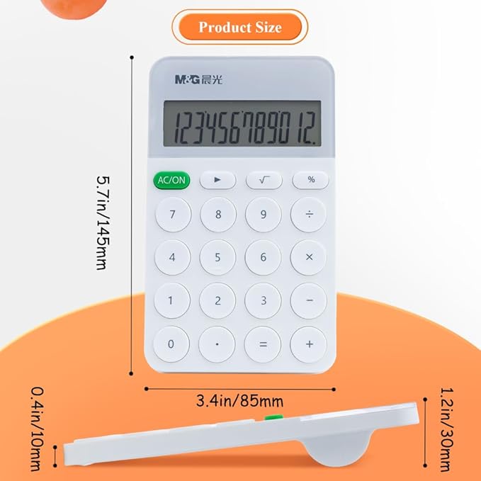 M&G Desk Calculator 12 Digit With Large LCD Display and Buttons, Automatic Sleep, Portable Cute for School Home Business Office, Battery Included (White)