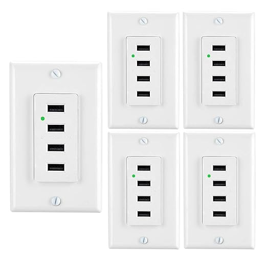 LEOD High Speed 4 USB Port Charging Wall Outlets and LED Bule Light with 2 Types Wall Plates(satndard & screwless), USB Charger Outlet, Auto-Identify Charging Current, White, UL Listed (5 Pack)