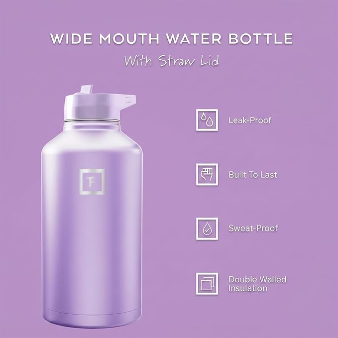 IRON °FLASK 64 oz Wide Mouth Water Bottle with Straw | Insulated Half Gallon Water Bottle with Leakproof Straw Lid - BPA Free, Cold 24 Hrs, Sweat Free (Lavender)