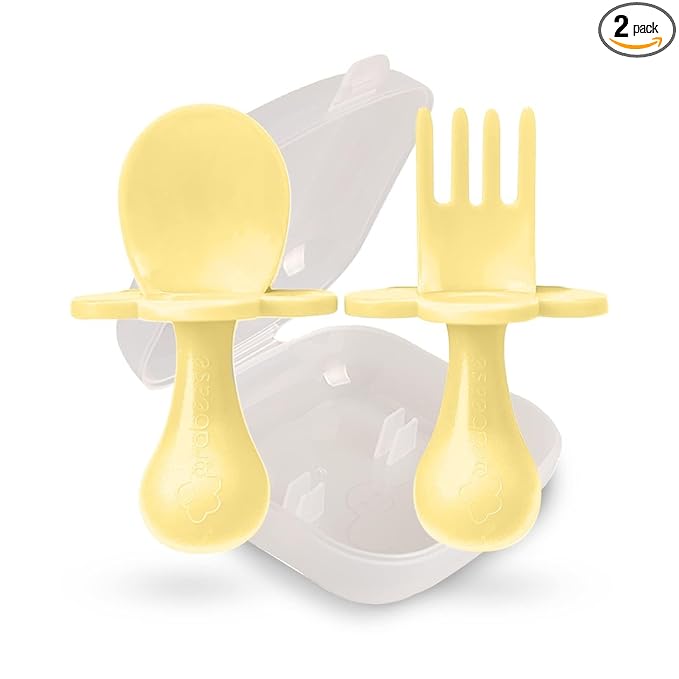 Grabease Baby Feeding Utensils Set - Infant and Baby Fork and Spoon for Ages 1-11 Months, BPAs and Phthalate-Free Cutlery, Plastic, 1 Set, Yellow