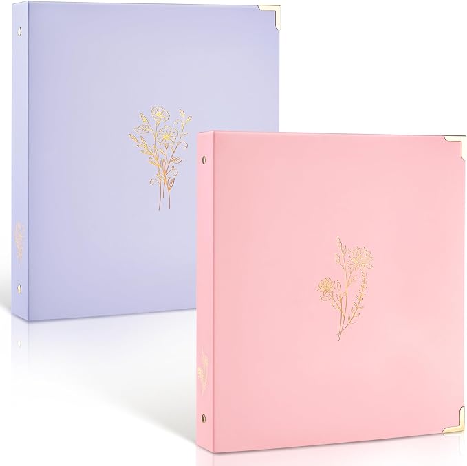 Sooez 2 Pack 3 Ring Binder, Cute 1 Inch Binders with Gold Foil & Metal Corners, Three Ring Recipe Binder, Fits Letter Sized Paper for Women School Home Office Supplies, Pink & Purple