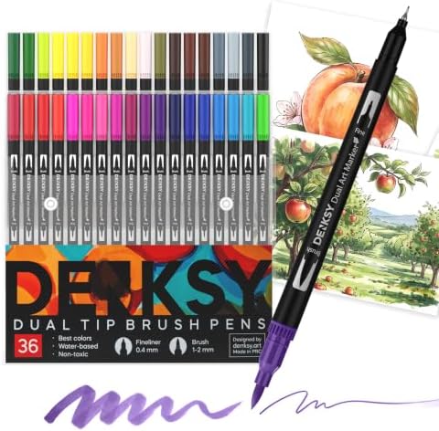 36 Watercolor Markers Set | Water Color Pens with Brush & Fineliner, Water-Based Art Markers | Dual Tip Markers for Adult Coloring, Lettering, Calligraphy, Sketching, Journaling & Illustration