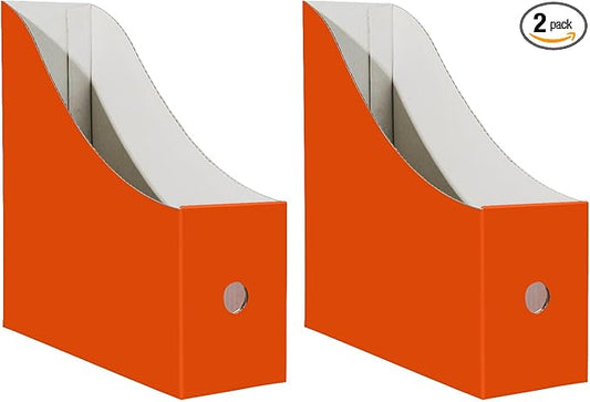 Limitliho Orange-red Cardboard Magazine Holder (2 Pack), Magazine File Holder for Desk, Sturdy Book Bins for Classroom, Vertical File Folder Organizer, 10.6'' H×10.2'' L ×3.5''W Inch Magazine Rack