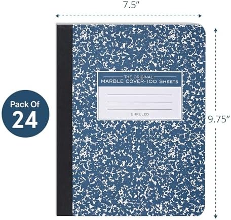 ROARING SPRING Hard Cover Composition Notebook, 24 Pack, Blue Marble Comp Book, 9.75″ x 7.5″, Unruled Blank Paper, 100 Sheets (200 Pages), Made in USA