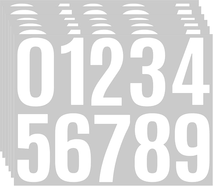 Large Number Stickers 4 Inch, 6 Sheets Waterproof Vinyl Number Decals | for Dark Surfaces, Address Markers, Equipment Identification, Storage Organization(White)