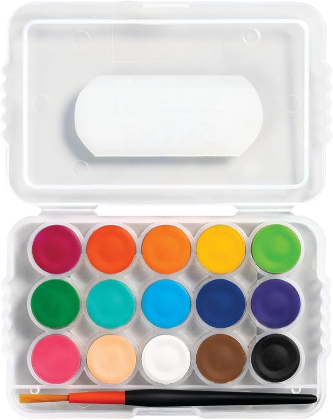 Prang Mini Watercolor Paint Set, 15 Assorted Colors and Mini Paint Brush, Small, Portable, and Travel-Friendly, Class Pack of 12 Sets