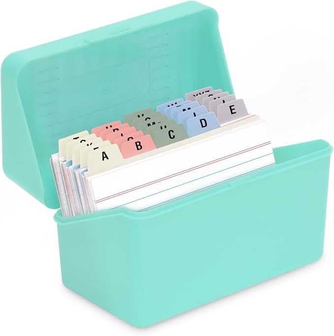 H4D 3x5 Index Card Holder with 100 Heavyweight Ruled Index Cards and 25 Plastic Dividers, Mint Green