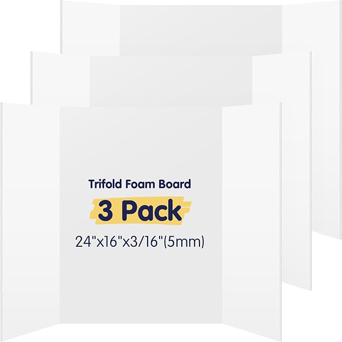 AKONEGE 3 Pack White Trifold Poster Board 24" x 16" Foam Core, Small Tri Fold Foam Poster Boards for Presentations, Science Fair Display, Photo Display, Office & School Projects, Event Exhibitions
