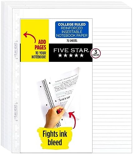 Five Star Insertable Loose Leaf Paper, 3 Pack, Notebook Paper, College Ruled Filler Paper to Add Pages, Reinforced, 8-1/2" x 11", 75 Sheets per Pack (52168)