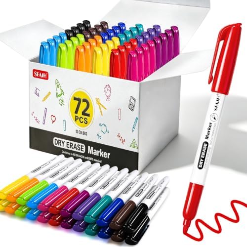 SFAIH Fine Tip Dry Erase Markers, 72 Pack, 12 Colors, 1-2mm Line, Non-Toxic