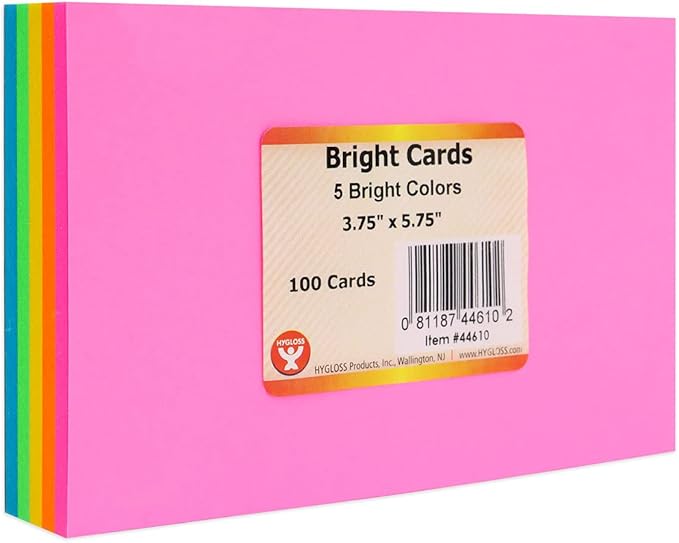 Hygloss 100 Pcs Blank Colored Index Cards - 100 Unlined Colored Flash Cards 3.75 x 5.75-Inch - Study Cards - Notecards for Studying, School, Office, or Games - 5 Bright Assorted Colors