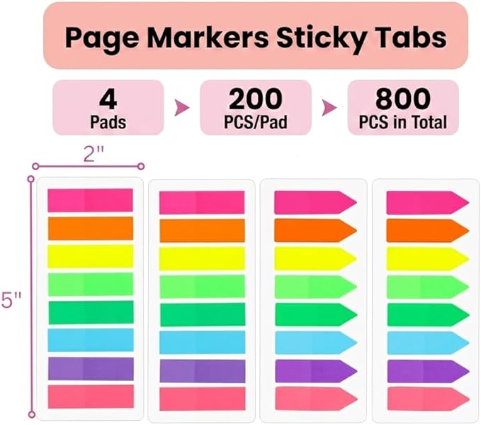 Mr. Pen- Page Markers Sticky Tabs, 800 pcs, Colored Translucent Arrow Flags for Page Marking, Fluorescent Index Tab Stickers for Notebooks, Small Sticky Notes Flags