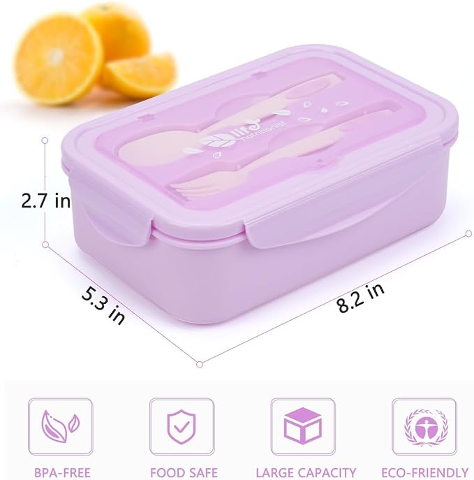 LOVINA Bento Box for Adults - 1100 ML Lunch Box Container For Kids Teens | Built-in Spoon & Fork - Durable for On-the-Go Meal, BPA-Free and Food-Safe Materials(Light Purple)