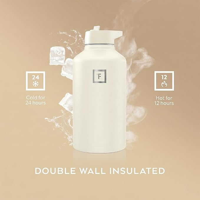 IRON °FLASK 64 oz Wide Mouth Water Bottle with Straw | Insulated Half Gallon Water Bottle with Leakproof Straw Lid - BPA Free, Cold 24 Hrs, Sweat Free (Cashmere Cream)