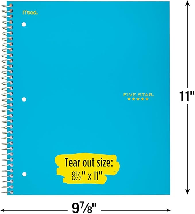 Five Star Spiral Notebook, 1 Subject, College Ruled Paper, 100 Sheets, 11" x 8-1/2", Color Selected For You, 1 Count (06044)