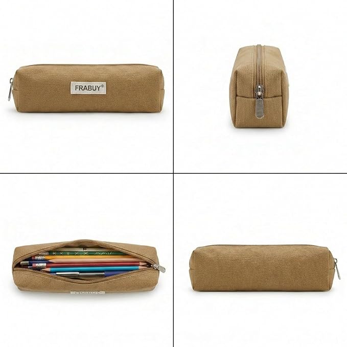 Canvas Pencil Case Pouch – Multipurpose Pen Bag Stationery Brown | Heavy-duty canvas, smooth alloy zipper, cute organizer for girls and boys, ideal for stationery, cosmetics, tech gear