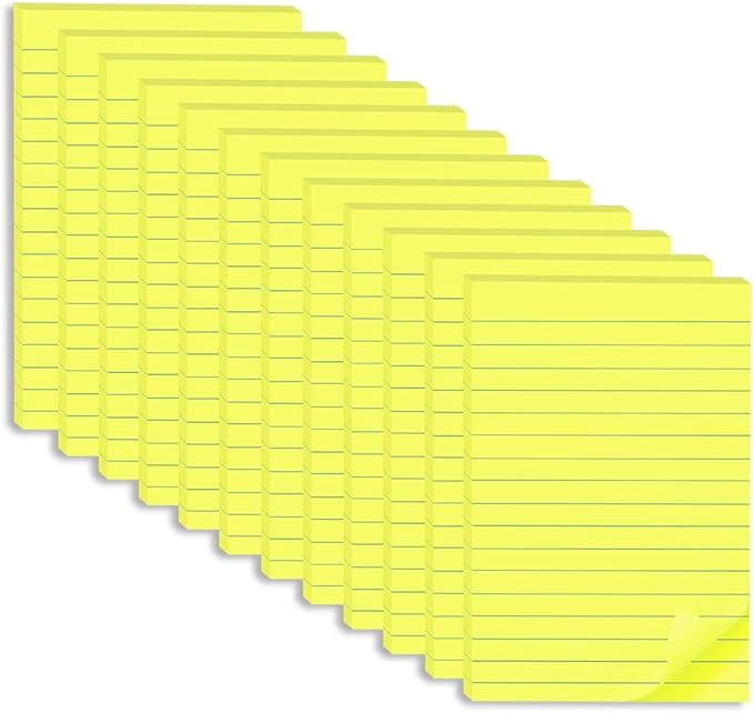 (12 Pack) Lined Sticky Notes 4x6 in,Bright Yellow Large Notepads with Lines,Ruled Stickies Super Sticking Power,Office School Memo Note Pads,Post on Windows Doors,Recyclable,Easy to Write on
