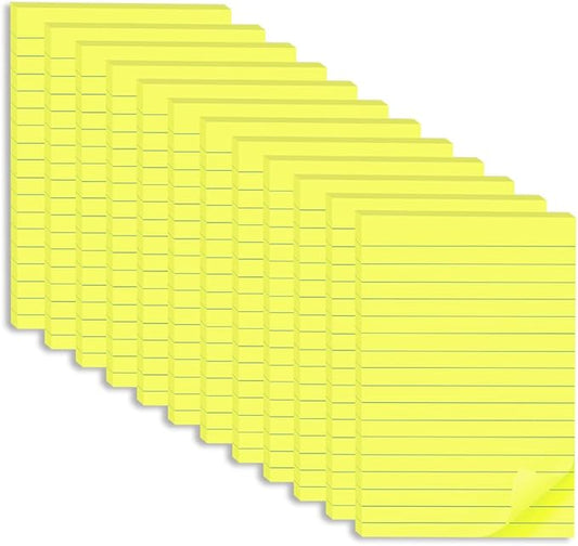 (12 Pack) Lined Sticky Notes 4x6 in,Bright Yellow Large Notepads with Lines,Ruled Stickies Super Sticking Power,Office School Memo Note Pads,Post on Windows Doors,Recyclable,Easy to Write on