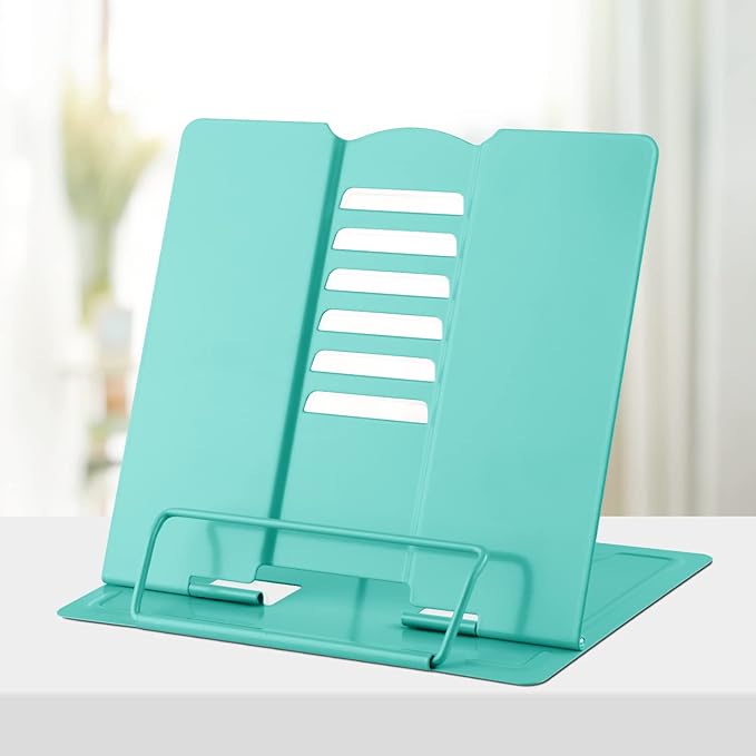 Honagu Book Stand Metal Desk Book Holder, Book Holders for Reading Hands Free, Adjustable Cookbook Documents Holder, Portable Bookstand for Music Books, Textbook, Recipe, Tablet, Ipad (Light Green)