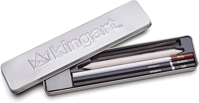 KINGART 8-Piece Charcoal Drawing and Sketching Set with Metal Tin – Includes Soft & Medium Charcoal Pencils, White Pastel Pencil, Blending Stump & Kneaded Eraser