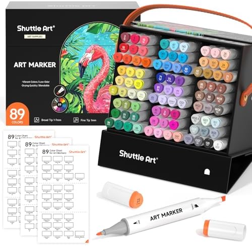 Shuttle Art 89 Colors Alcohol Markers, 88 Colors Dual Tip Art Marker Set Plus 1 Colorless Blender with Marker Case Perfect for Illustration Students Adult Coloring Sketching