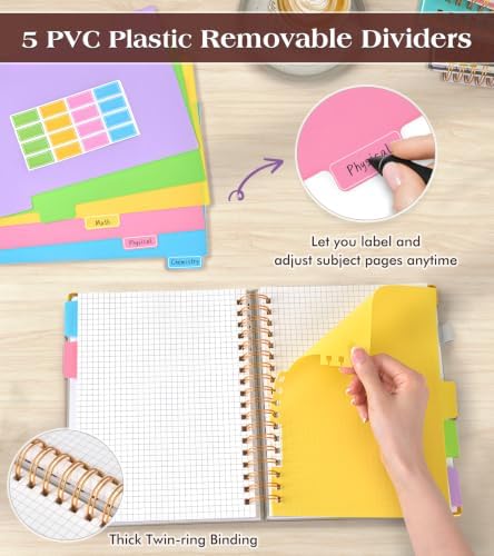5 Subject Graph Paper Notebook with Removable Dividers Tabs, 300 Pages Hardcover Leather Grid Spiral Journal, 8"x10" B5 Large Graphing Notebooks for Women Men Work School College Engineering, White