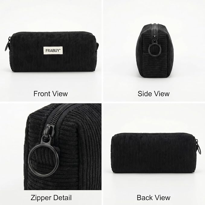 Soft Corduroy Pencil Case Pen Pouch Organizer, Small Stationery Bag | Cute black pencil pouch, smooth zipper, daily cosmetics holder, compact organizer for school teen girls, women