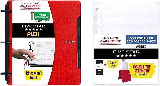 Five Star Flex Hybrid NoteBinder, 1” Binder with Tabs, Notebook and 3-Ring Binder All-in-One, Red and Five Star Loose Leaf Reinforced Filler Paper, 3 Hole Punched, College Ruled, 80 Sheets