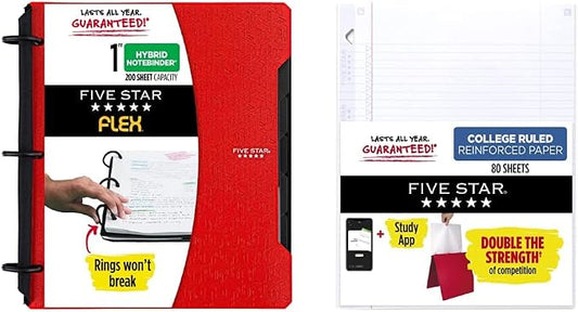 Five Star Flex Hybrid NoteBinder, 1” Binder with Tabs, Notebook and 3-Ring Binder All-in-One, Red and Five Star Loose Leaf Reinforced Filler Paper, 3 Hole Punched, College Ruled, 80 Sheets