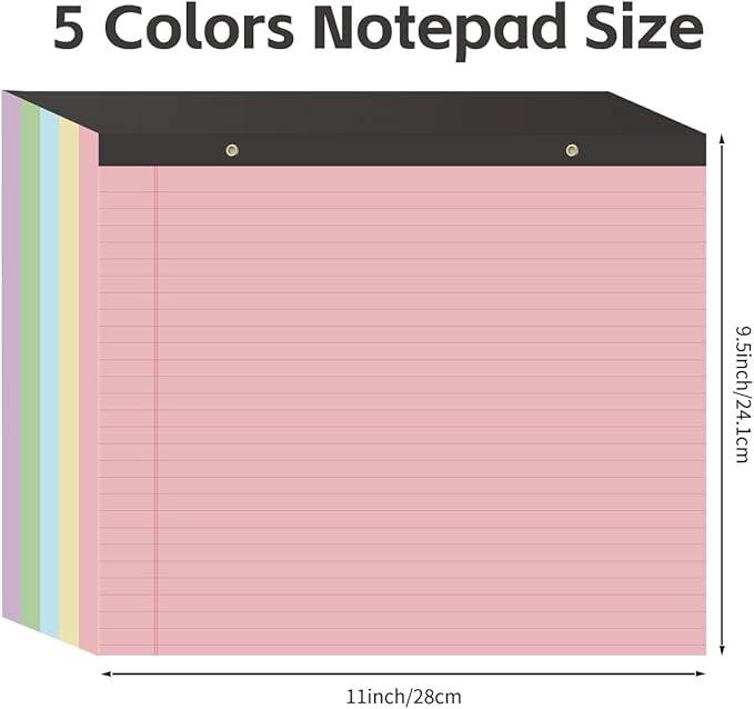 Yaridar (5 Pads 11" x 9.5" Legal Pads College Ruled Notepad, Colored Lined Paper Pads, 50 Sheets/Pad, Colors Pastel Writing Pads for School Office