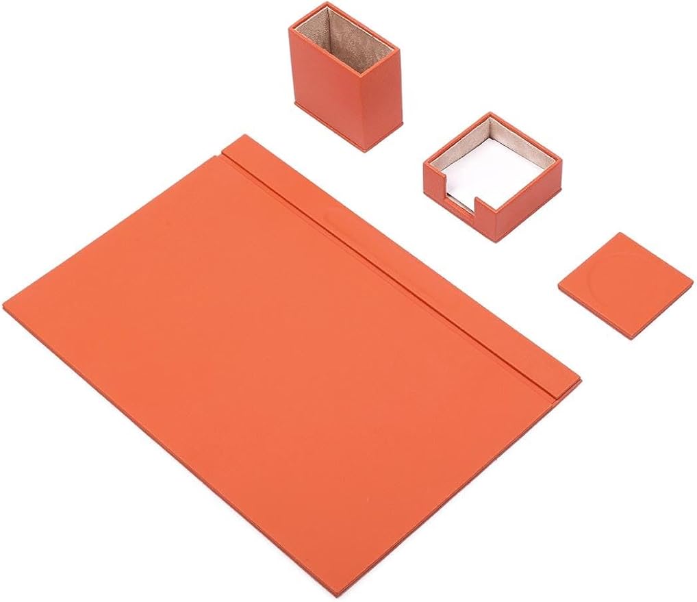 Luna Minimalist Leather Desk Set – 4 Piece Desk Organizer with Desk Pad, Pen Holder, Note Holder & Coaster – Compact Office Desk Accessories – Multiple Colors (Orange)