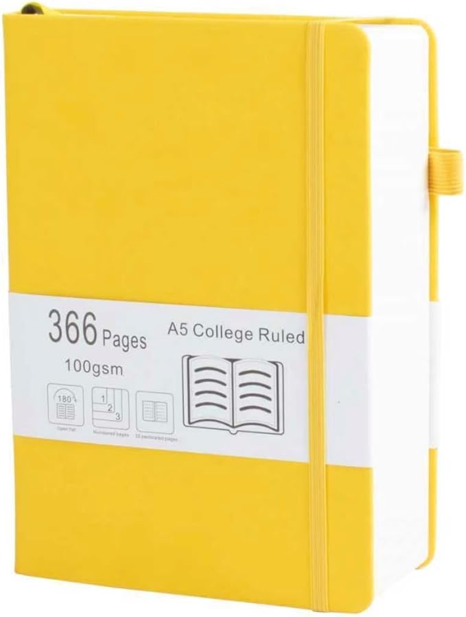 Thick College Ruled Notebook with 366 Numbered Pages, A5 Journals for Writing with 100GSM Lined Paper, Hardcover Leather Notebooks for Women Men School Note Taking Office Work Diary, Yellow