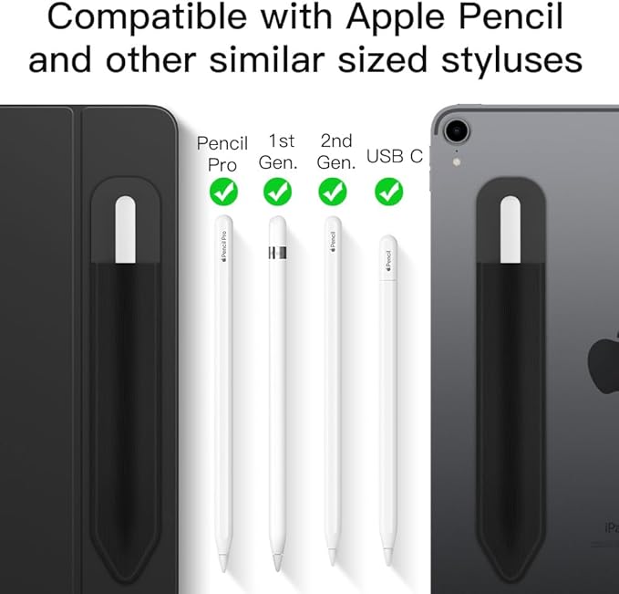 MoKo Pencil Holder Sticker Fit Apple Pencil Pro, iPencil USB-C, Apple Pencil 1st/2nd Generation, Elastic Pencil Pocket Pouch Adhesive Sleeve Attached to iPad Case for Stylus Pens, Black+Bouquet Pink