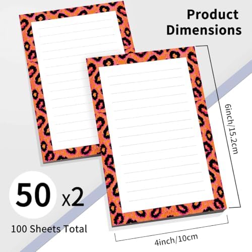 2 Pack Lined Sticky Notes 4x6 in, Cute Self-Stick Notepads with Lines, Large Memo Pads Strong Adhesive for Office, Home Pink Orange Leopard