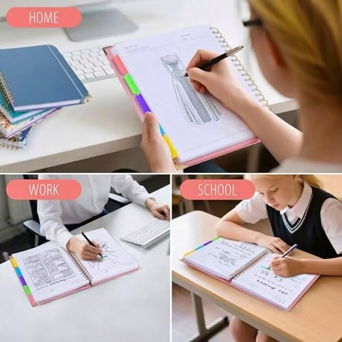Hardcover Leather Spiral Notebook 8.5" x 11" with Removable Dividers, 300 Pages 5 Subject College Ruled Notebook for Work with Tabs, A4 Spiral Journal for Women Men, School Students Note Taking, Pink