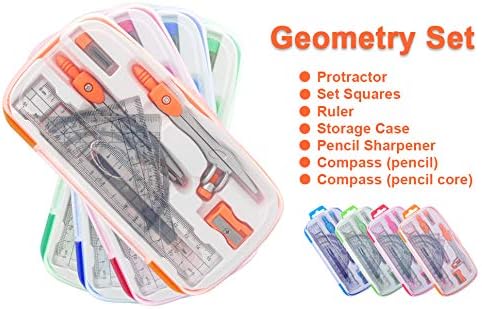 Akuoly Geometry Compass Set 2 Drafting Compasses with Maths Protractor Set Squares Ruler and More for Students Starters Homework etc. Orange