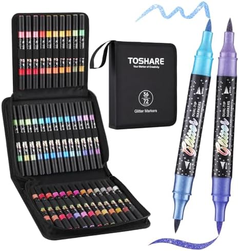 72 Colors 36 Pack Glitter Markers Pens Sparkle Markers Dual Brush Tip