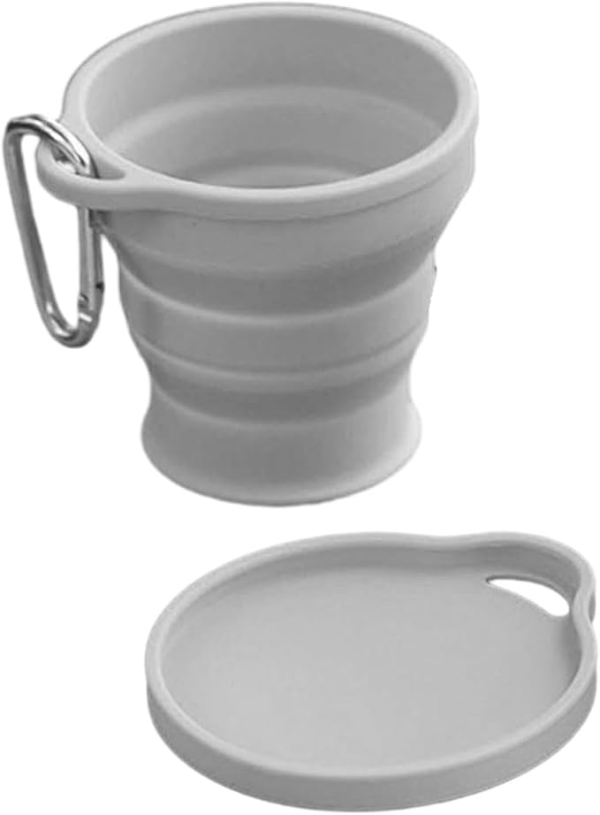 Silicone Travel Mug Folding Camping Cup with Lid Carabiner Expandable Drinking Cups Outdoor Hiking Camping Silicone Cups, Gray