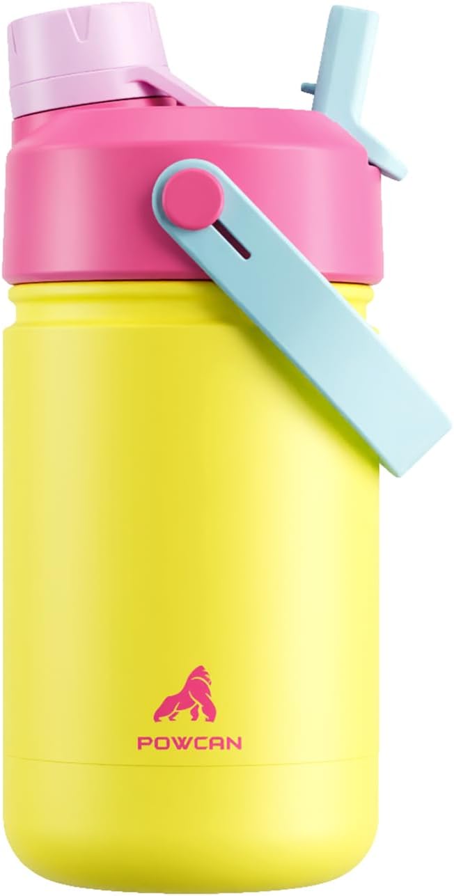 12 oz Kids Insulated Water Bottle for School: 2-in-1 Straw Spout Lid, Leakproof, BPA-Free, Keep Cold 24H, Reusable Stainless Steel Cup for Travel, Camping, Birthday Gift for Boys Girls (Lemon Pop)