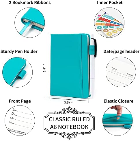 feela 3 Pack Pocket Notebook Journals with 3 Black Pens, A6 Mini Cute Small Journal Notebook Bulk Hardcover College Ruled Notepad with Pen Holder for Office School Supplies, 3.5”x 5.5”, Emerald