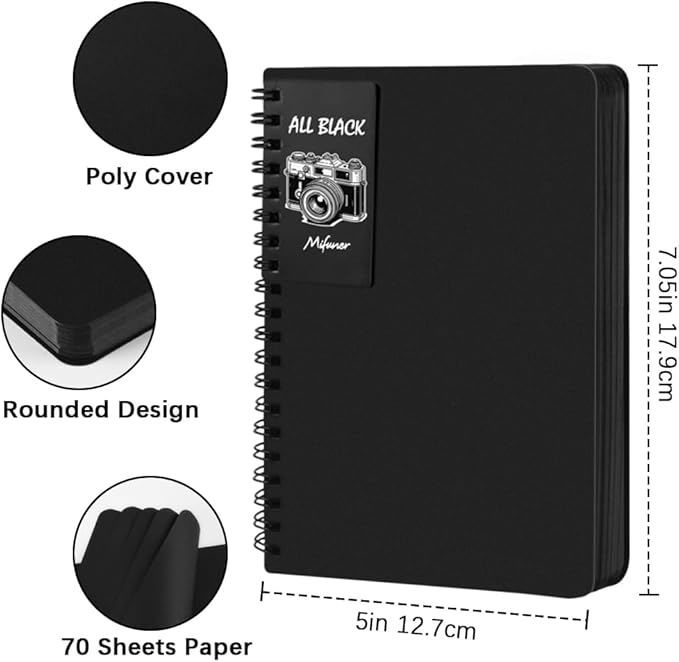 5" x 7" Premium Black Paper Mixed Media Sketchbook,Small Travel Spiral Bound Black Journal Notebook,70 Sheets 110gsm Acid-Free Drawing Paper,Art Supplies for Adults Beginners Artists.Black
