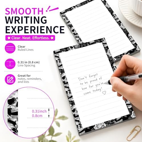 Lined Sticky Notes 4x6 in, 2 Pack Large Cute Notepads with Lines Self-Stick Note Pad, Funny Memo Pads Strong Adhesive for Office, Home Black Cute Flower Skulls